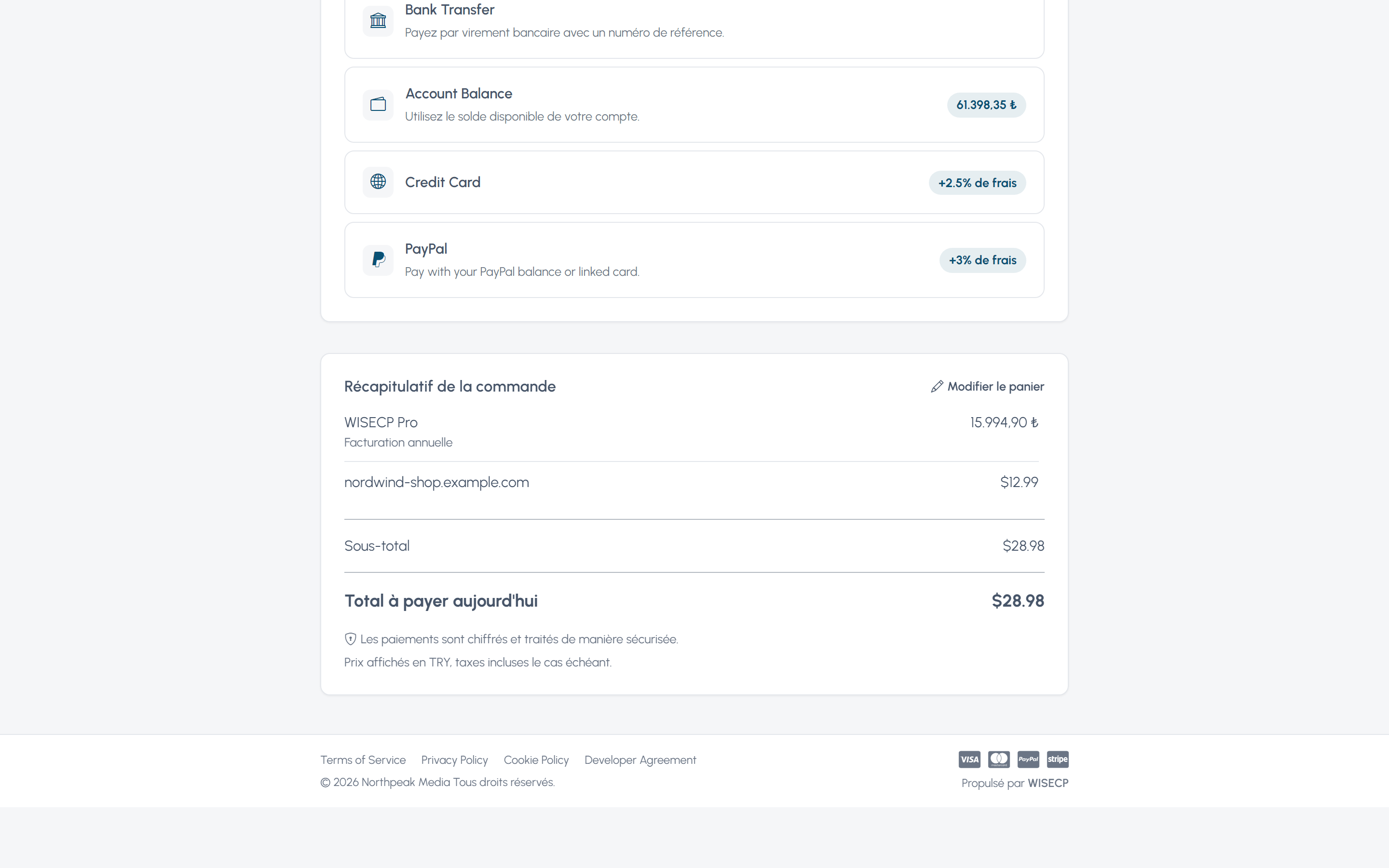 Finalisation de commande WISECP avec le récapitulatif sous l'étape, mise en page Pile