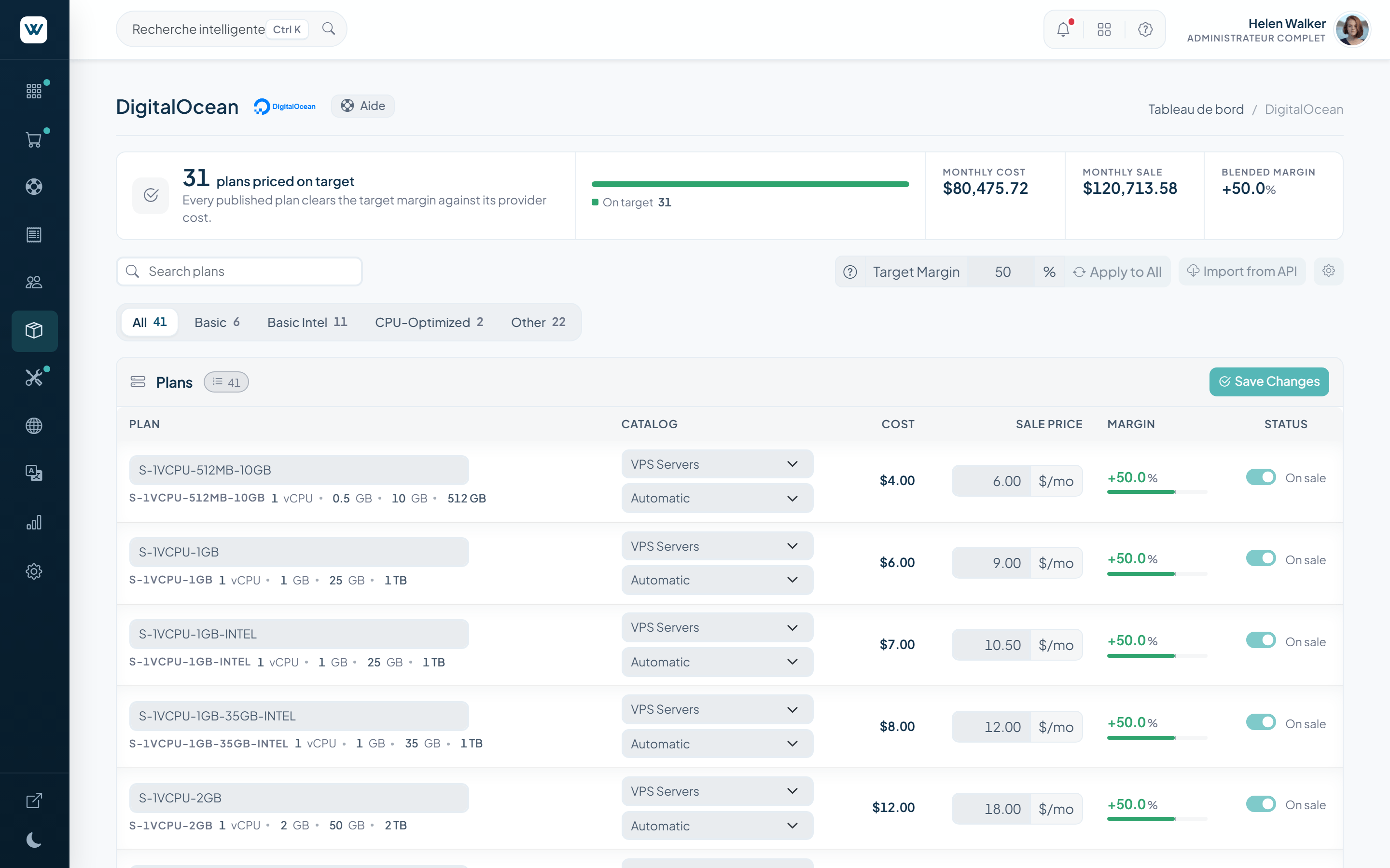 Écran revendeur DigitalOcean de WISECP v5 avec les offres importées, le taux de marge et la synchronisation des prix