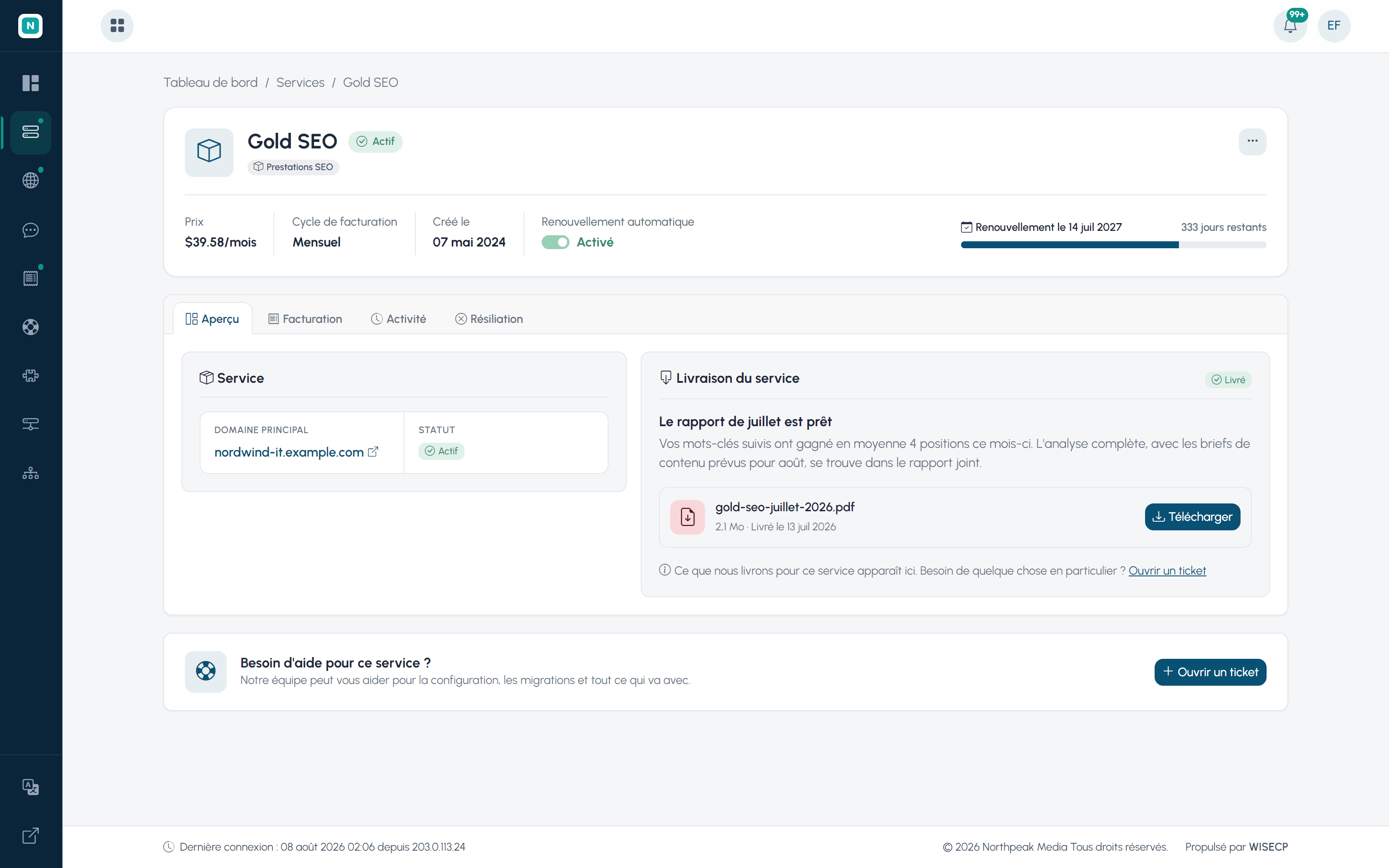 Espace client WISECP, service personnalisé : une offre Gold SEO en facturation récurrente et un rapport mensuel livré