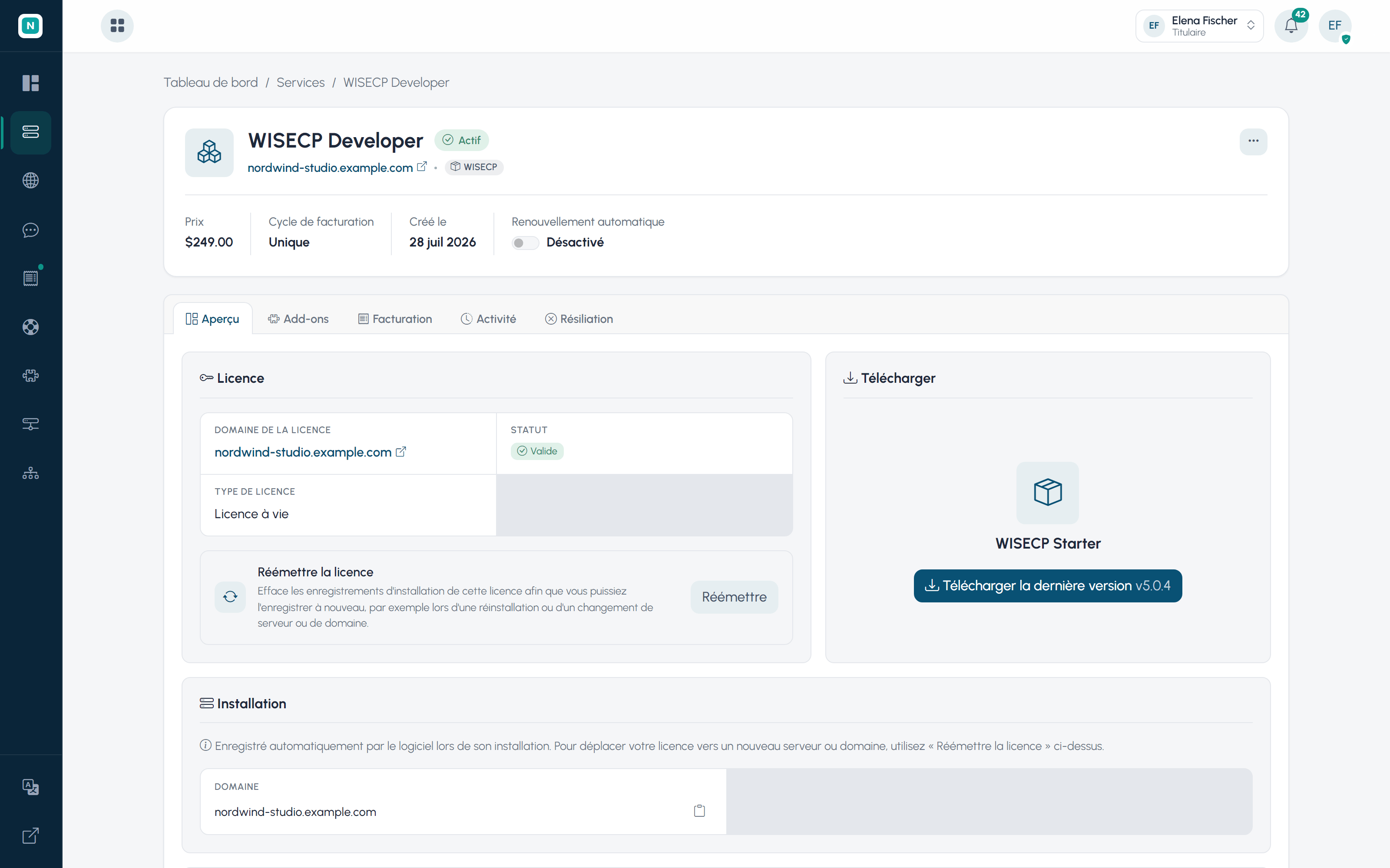 Service logiciel dans l'espace client WISECP : clé de licence, statut, téléchargement et journal des installations