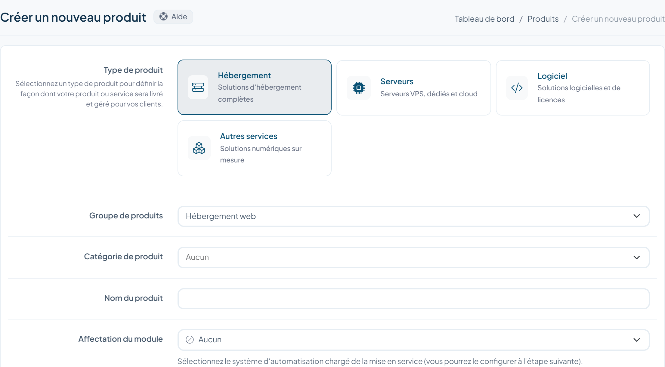 Écran de création d'un nouveau produit WISECP avec les types de produits Hébergement, Serveurs, Logiciel et Autres services