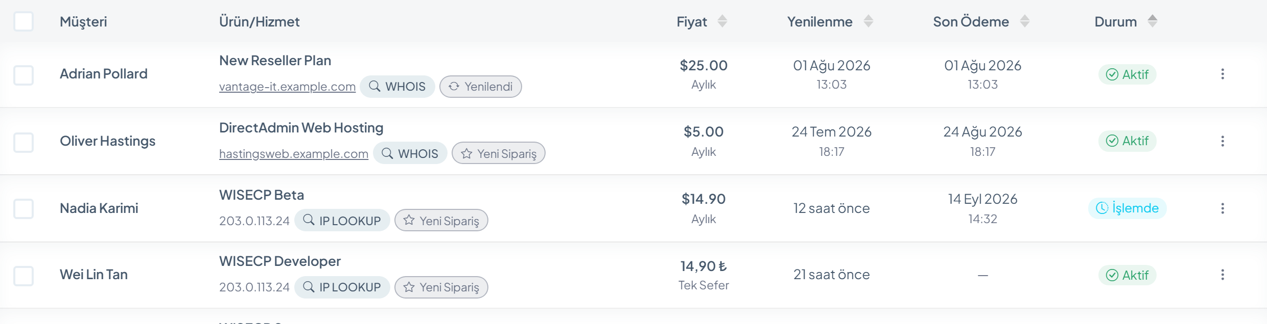 WISECP hizmetler tablosu: durum, sunucu ve sonraki vade tarihiyle hosting hesapları