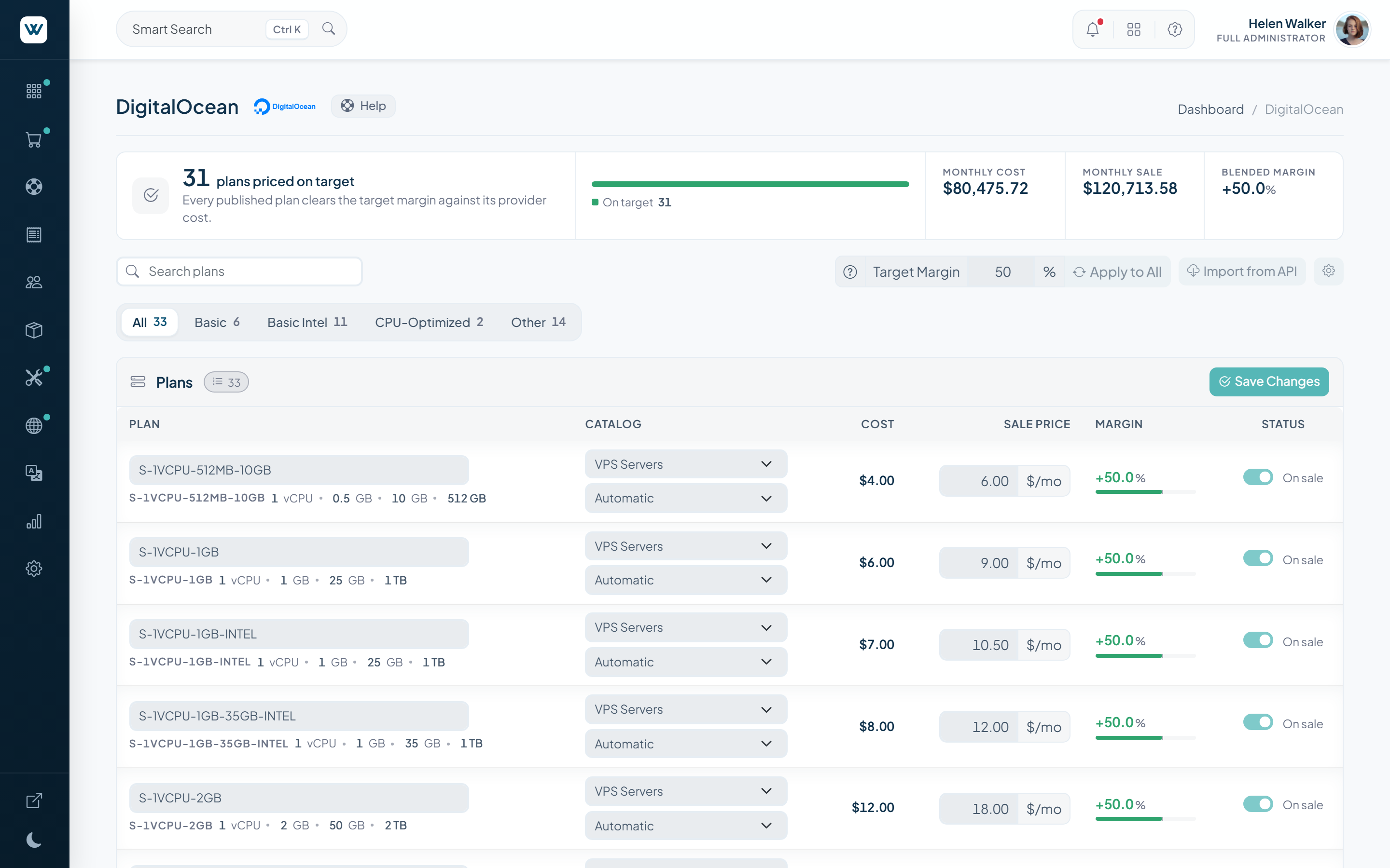 Pantalla de reventa de DigitalOcean en WISECP v5 con planes importados, margen de beneficio y sincronización de precios