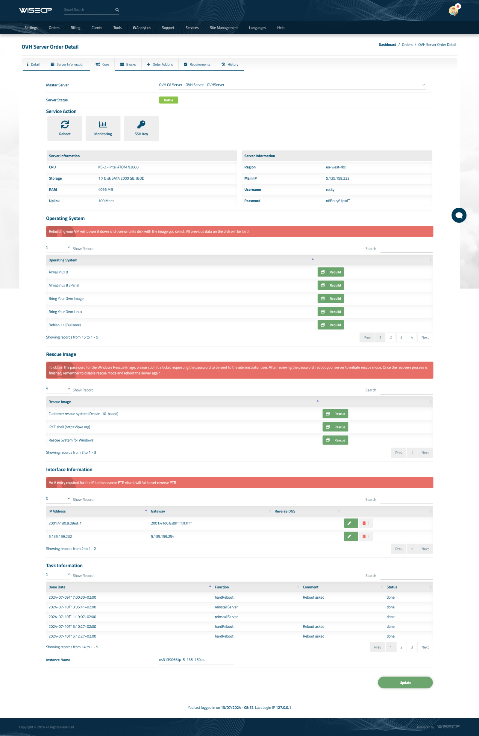 OVH Server for WISECP