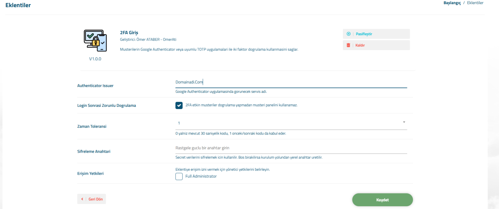 WISECP Google Authenticator 2FA